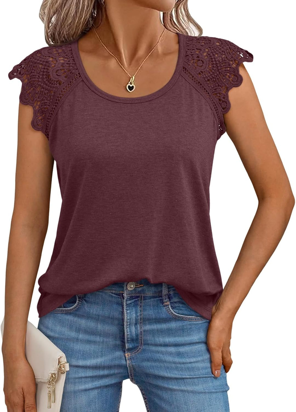 Sofia T-shirt Femme Dentelle – Manches Courtes, Col Rond, Haut Élégant Décontracté Estival