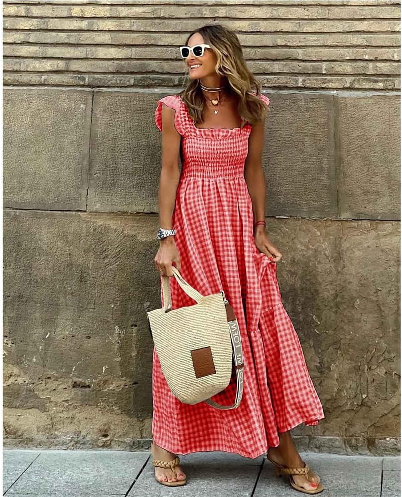 Emma vestido maxi a cuadros para mujer – vestido de verano con corpiño fruncido y bolsillos
