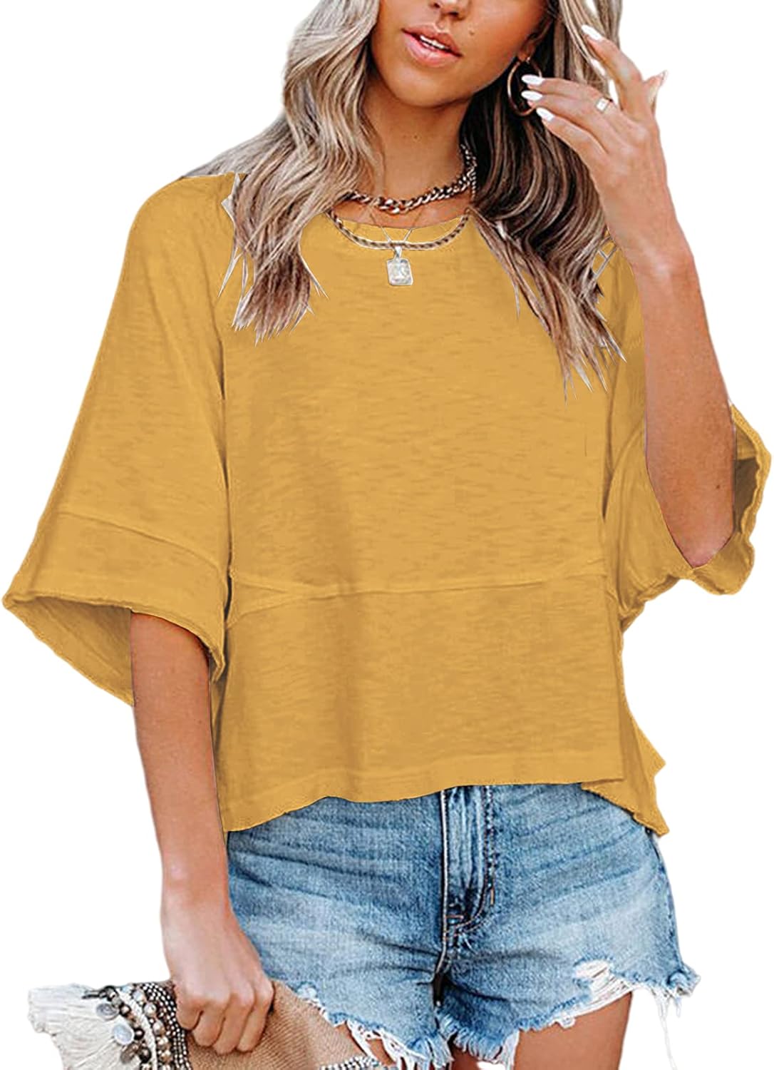 Elena T-shirt Femme d'Été – Manches Chauve-Souris, Col Rond, Oversize Décontracté