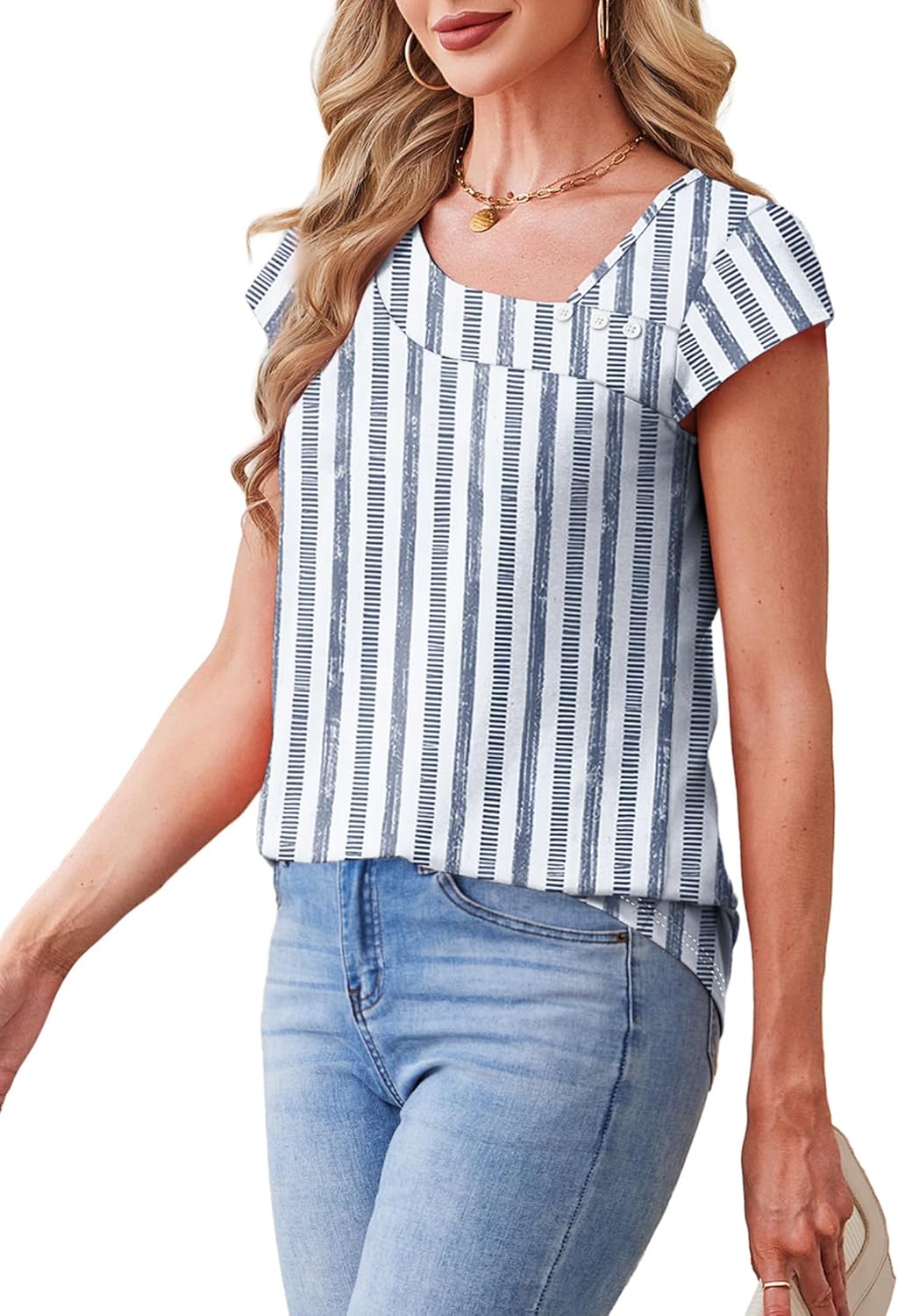 Martina Pull Femme – Encolure Carrée, Boutons, Manches Courtes, Décontracté Élégant
