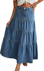 Jupe maxi Verna pour femme en denim – Jupe longue en jean avec volants et poches
