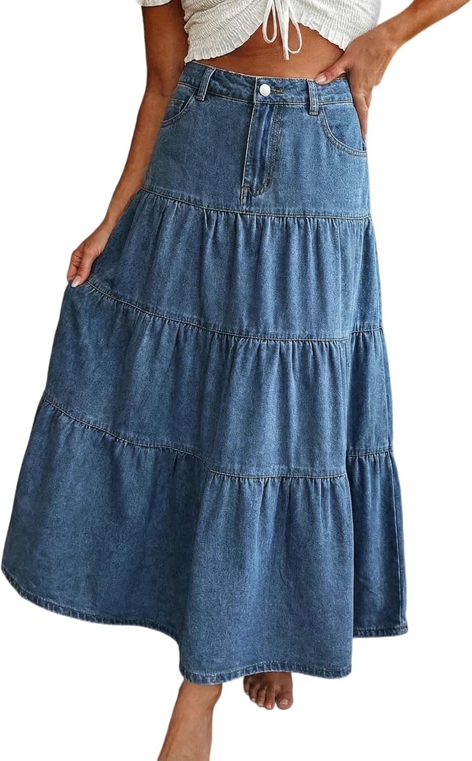 Falda larga Verna para mujer en denim – Falda larga vaquera con volantes y bolsillos