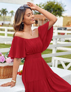 Vestido largo de gasa para mujer Sofia – Escote cuadrado/hombros descubiertos, línea A elegante