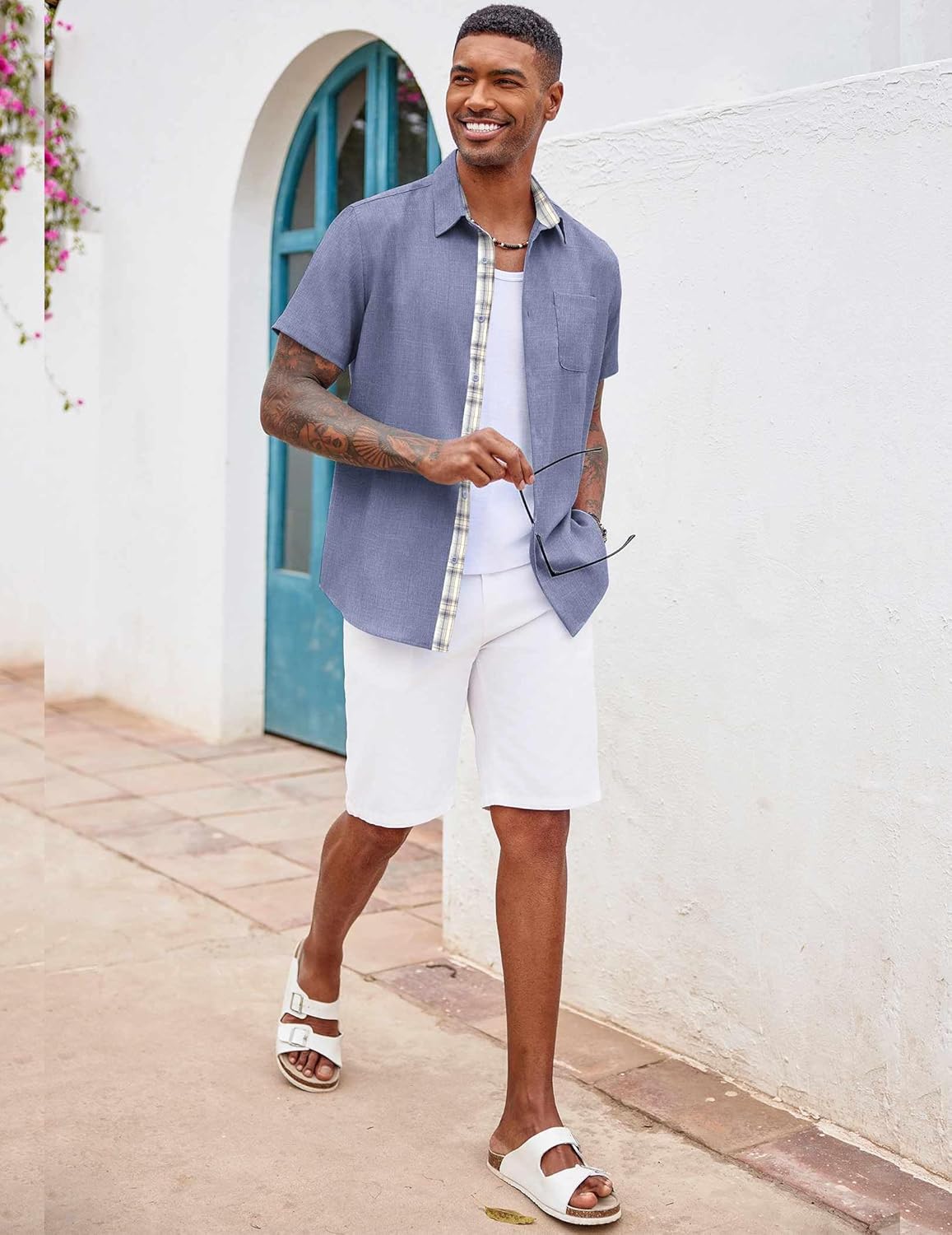 Camisa de hombre a cuadros – Camisa de verano de manga corta con bolsillo