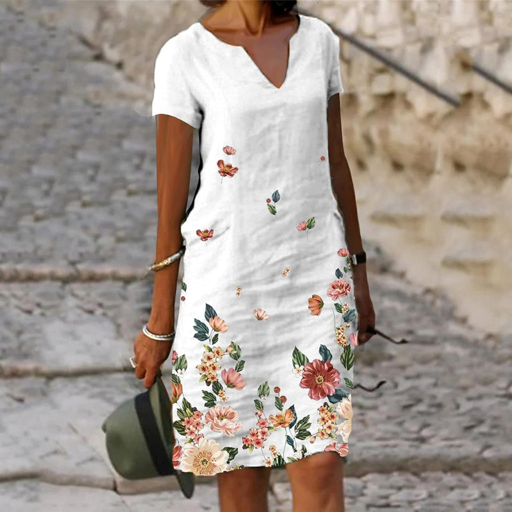 Elisa Robe Midi en Lin pour Femme – Robe Bohème Décontractée avec Col en V et Manches Courtes