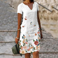 Elisa Robe Midi en Lin pour Femme – Robe Bohème Décontractée avec Col en V et Manches Courtes