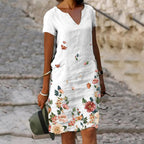 Elisa Robe Midi en Lin pour Femme – Robe Bohème Décontractée avec Col en V et Manches Courtes