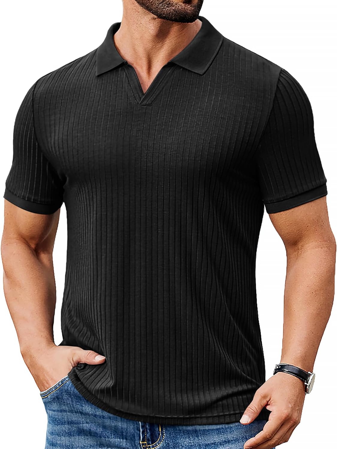 Marco Polo Homme Slim Fit – Polo côtelé avec col en V décontracté élégant