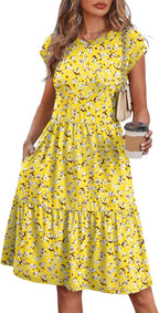 Marjorie Robe Femme Florale – Manches Courtes, À Volants, Coupe Évasée, Poches Été