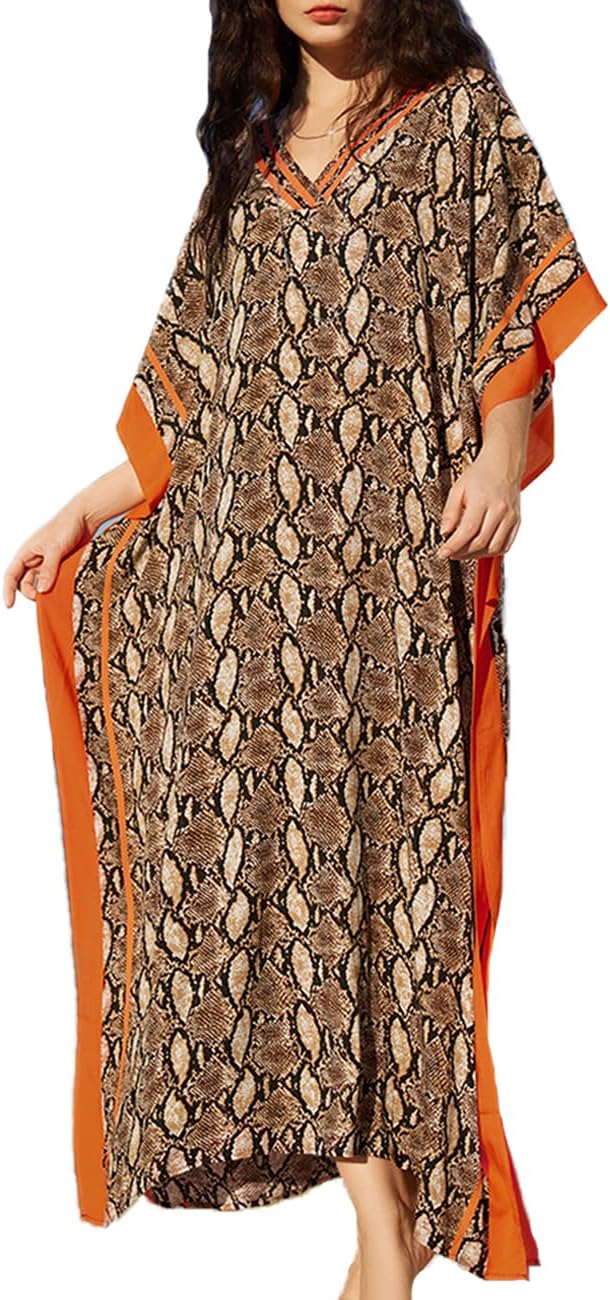 Amina Caftano Femme – Robe Longue Bohème, Imprimé Ethnique, Décolleté en V Profond