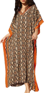 Amina Caftano Femme – Robe Longue Bohème, Imprimé Ethnique, Décolleté en V Profond