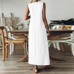 Marta Robe Femme – Robe Longue en Lin, Col V, Poches, Décontractée d'Été