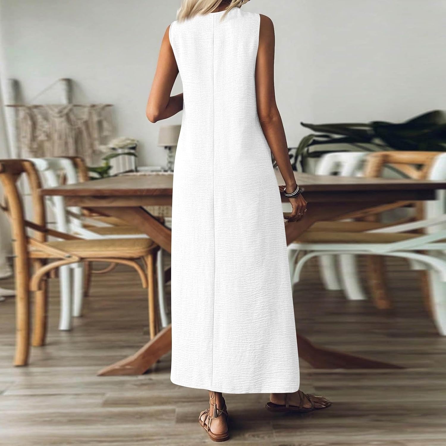 Marta Robe Femme – Robe Longue en Lin, Col V, Poches, Décontractée d'Été