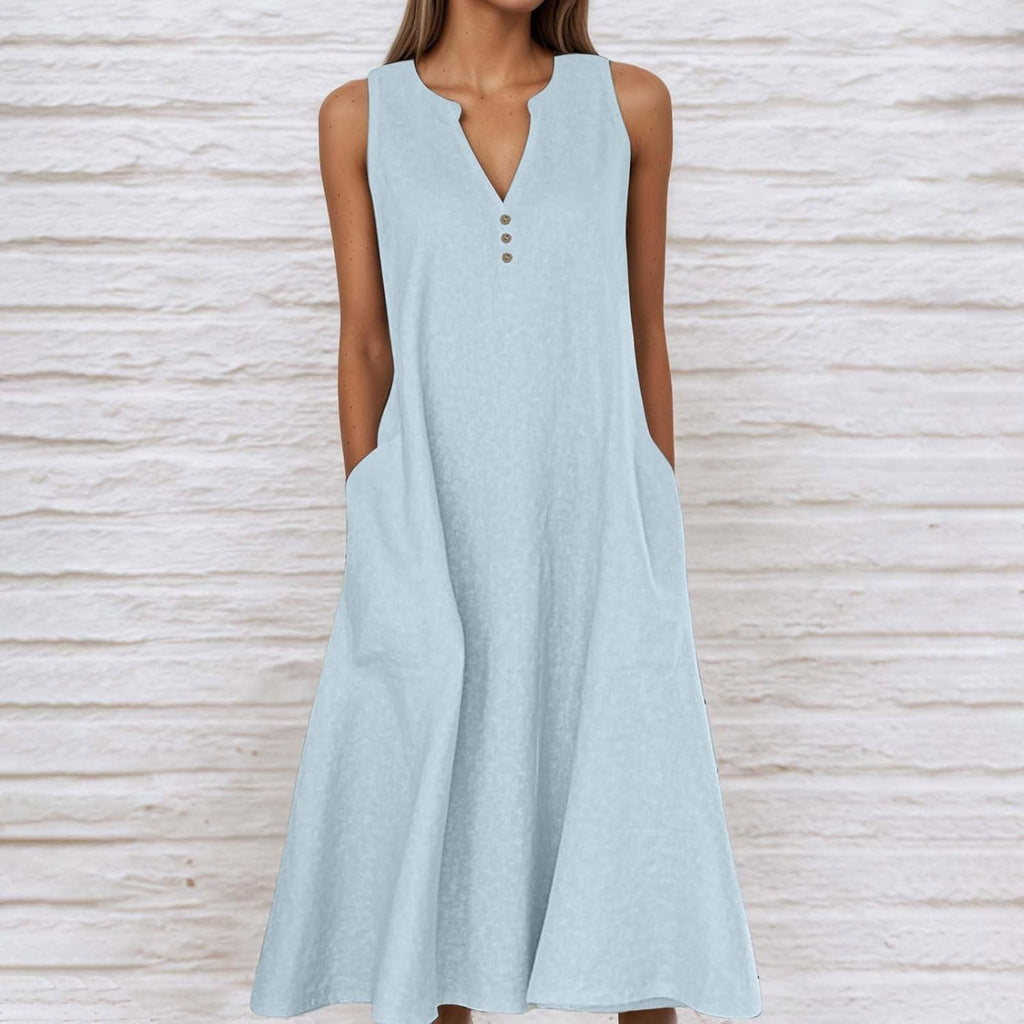 Chiara Robe Longue en Lin pour Femme – Robe d'Été Décontractée avec Poches et Fente