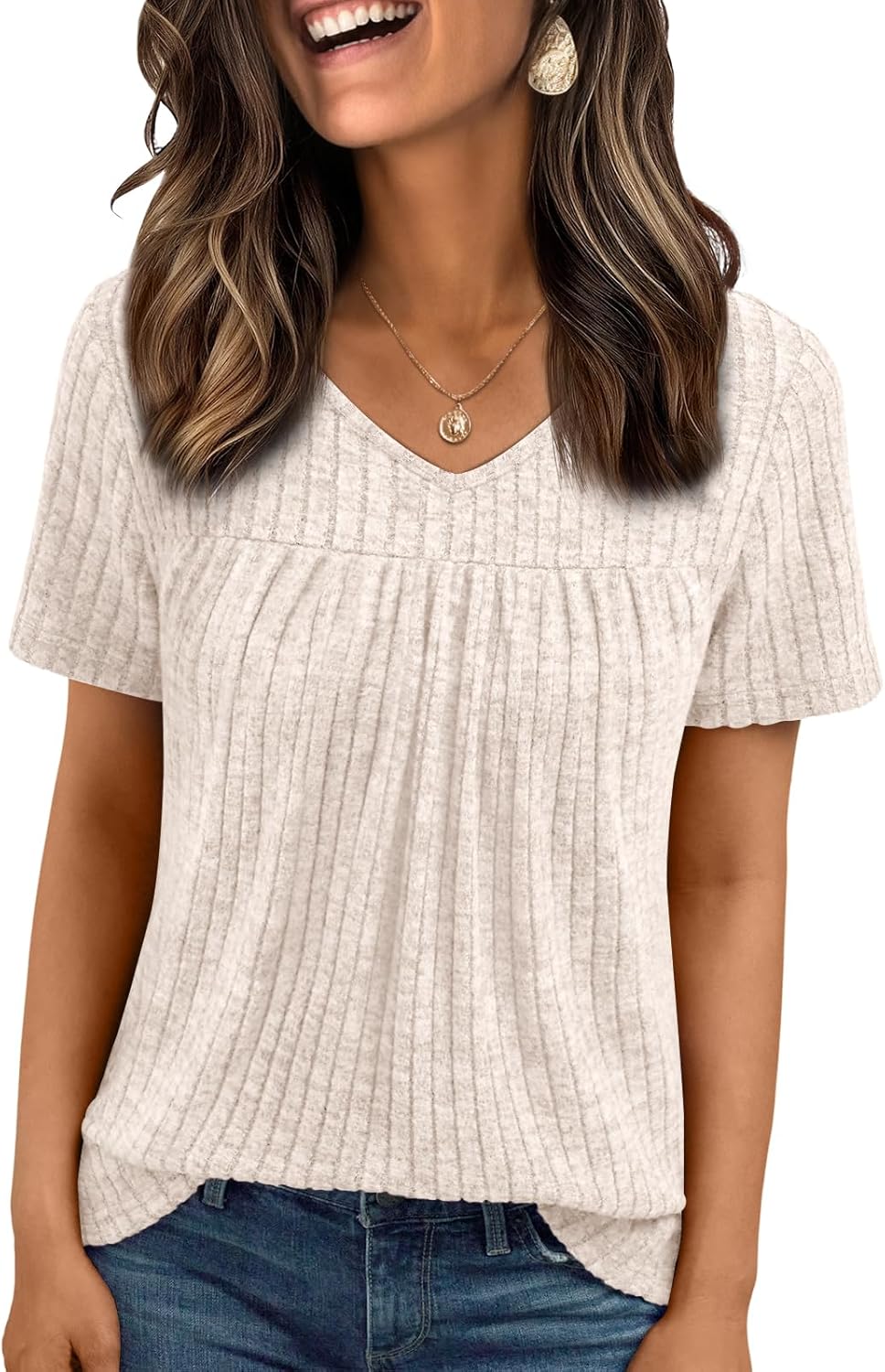 Blouse Camilla Femme – Col en V, Détail Plissé, Babydoll Fluide Décontractée Élégante