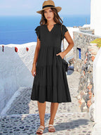 Francesca Robe Midi Femme – Col en V, Manches Volantées, Boho Ligne A Estivale