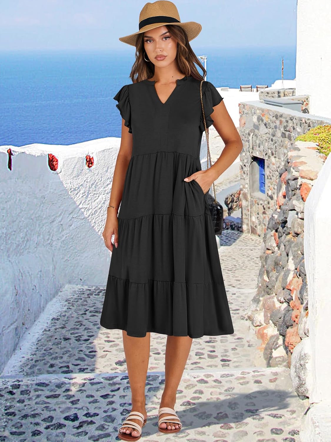 Francesca Robe Midi Femme – Col en V, Manches Volantées, Boho Ligne A Estivale