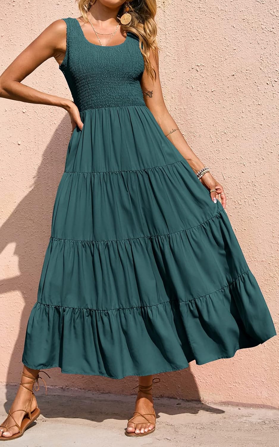 Sophie Robe Maxi Boho pour Femme – Robe Longue d'Été Smock Élégante Sans Manches
