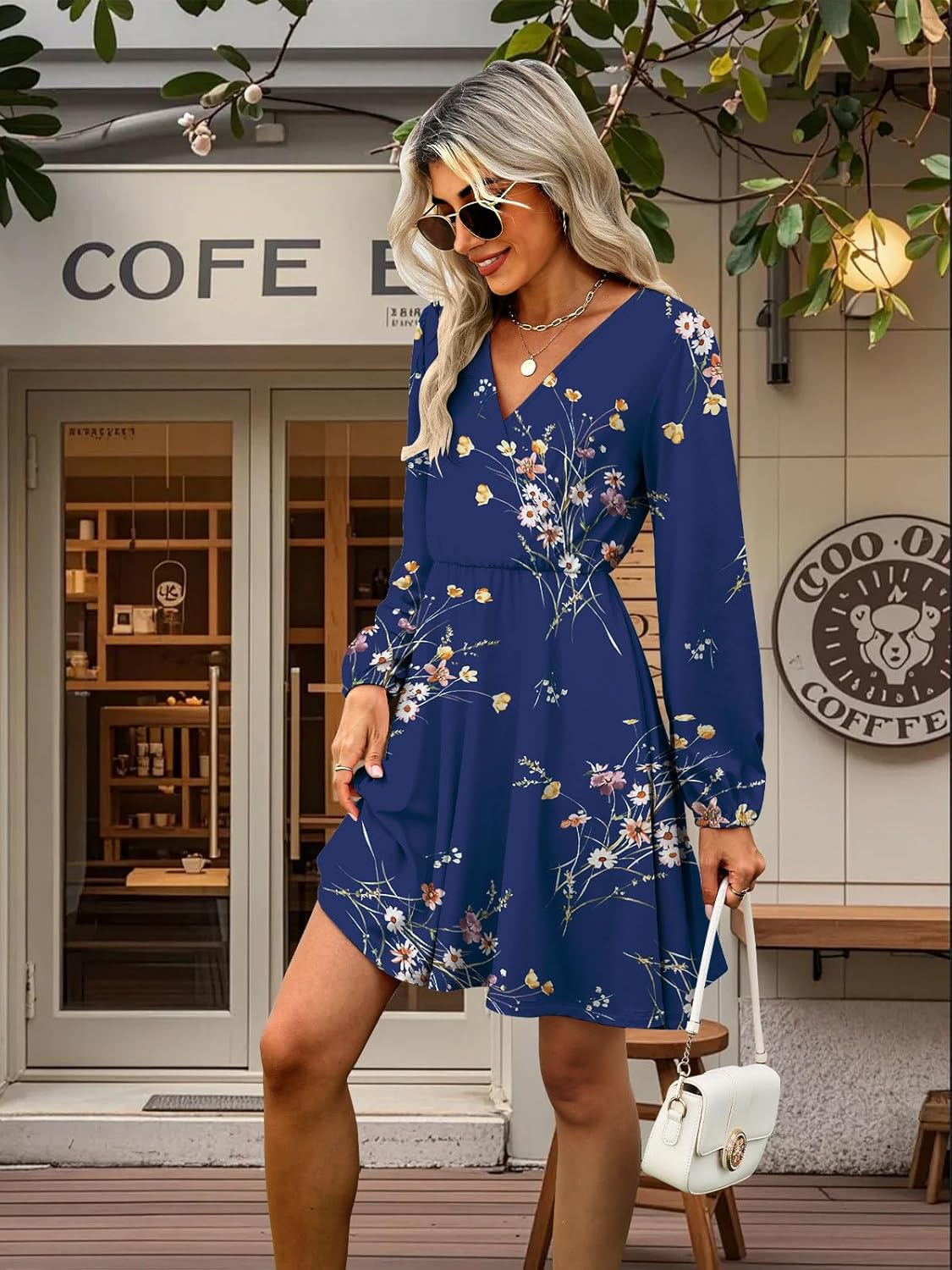 Robe Femme Sofia Florale – Col V Croisé, Manches Longues, Ligne A Élégante