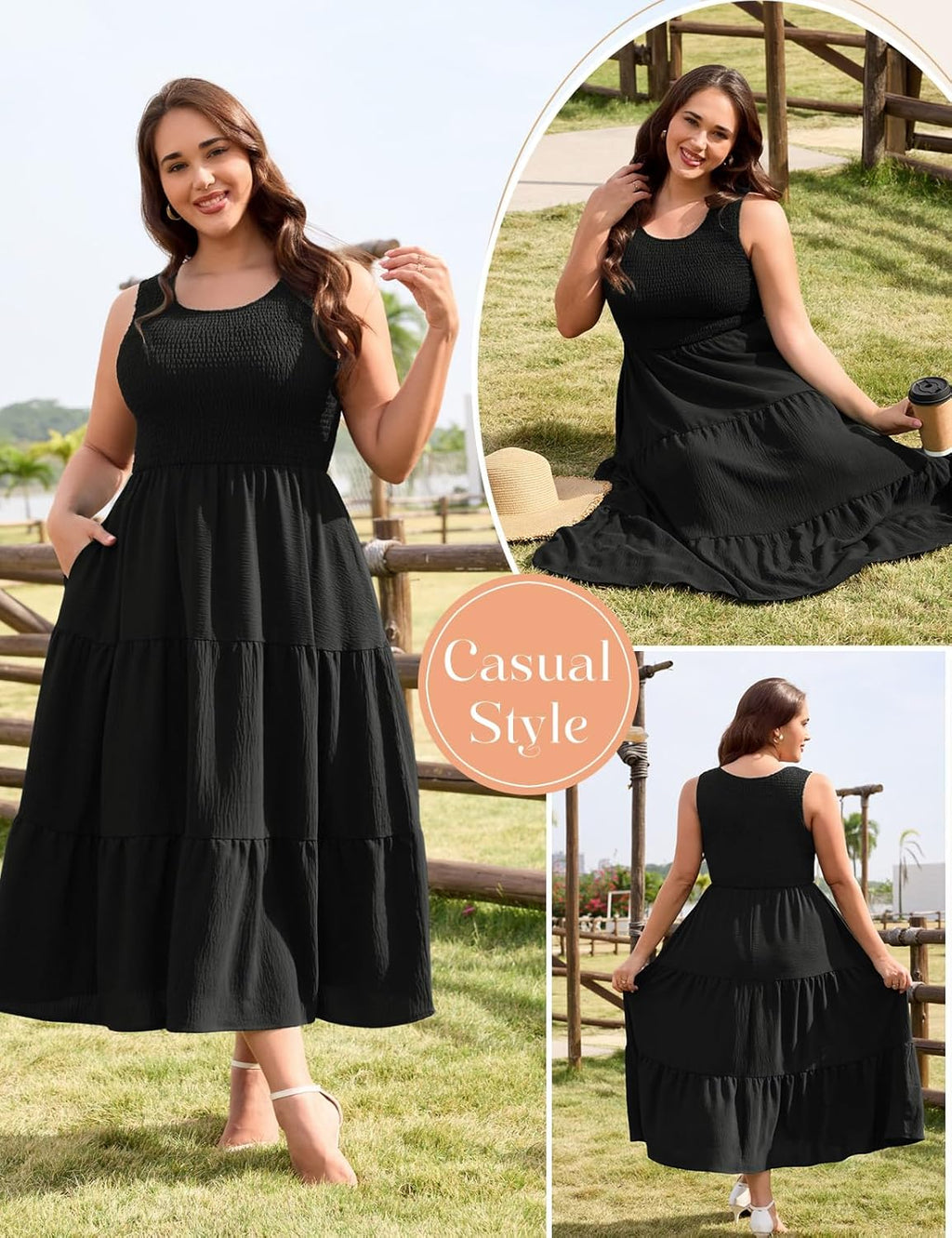 Harra Robe Femme Maxi Grande Taille – Encolure Carrée, Smockée, Coupe Évasée d'Été