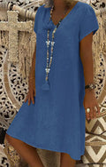 Weng Abito in Lino Donna – Vestito Midi con Scollo a V, Maniche Corte e Tasche