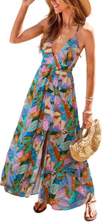 Livia Robe Femme – Robe Maxi Bohème, Décolleté en V Profond, Fente d'Été