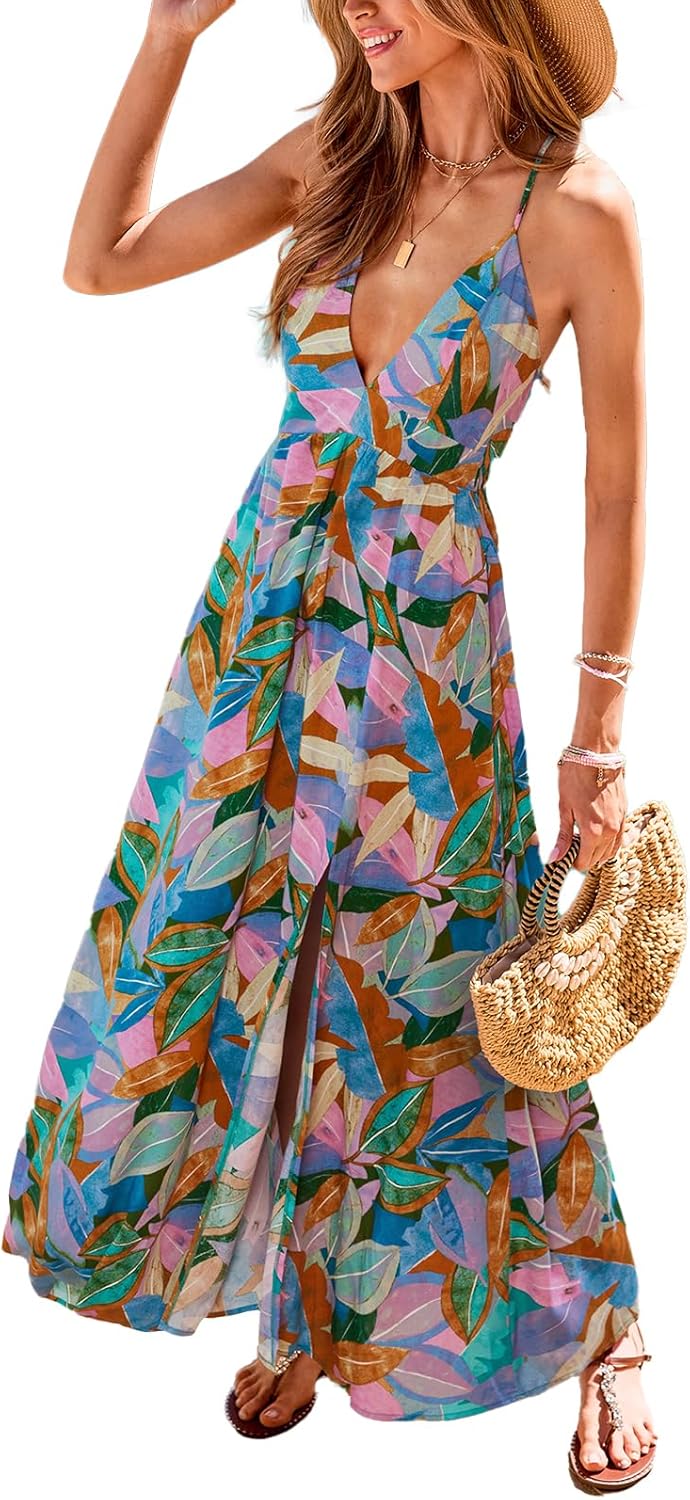 Livia Robe Femme – Robe Maxi Bohème, Décolleté en V Profond, Fente d'Été