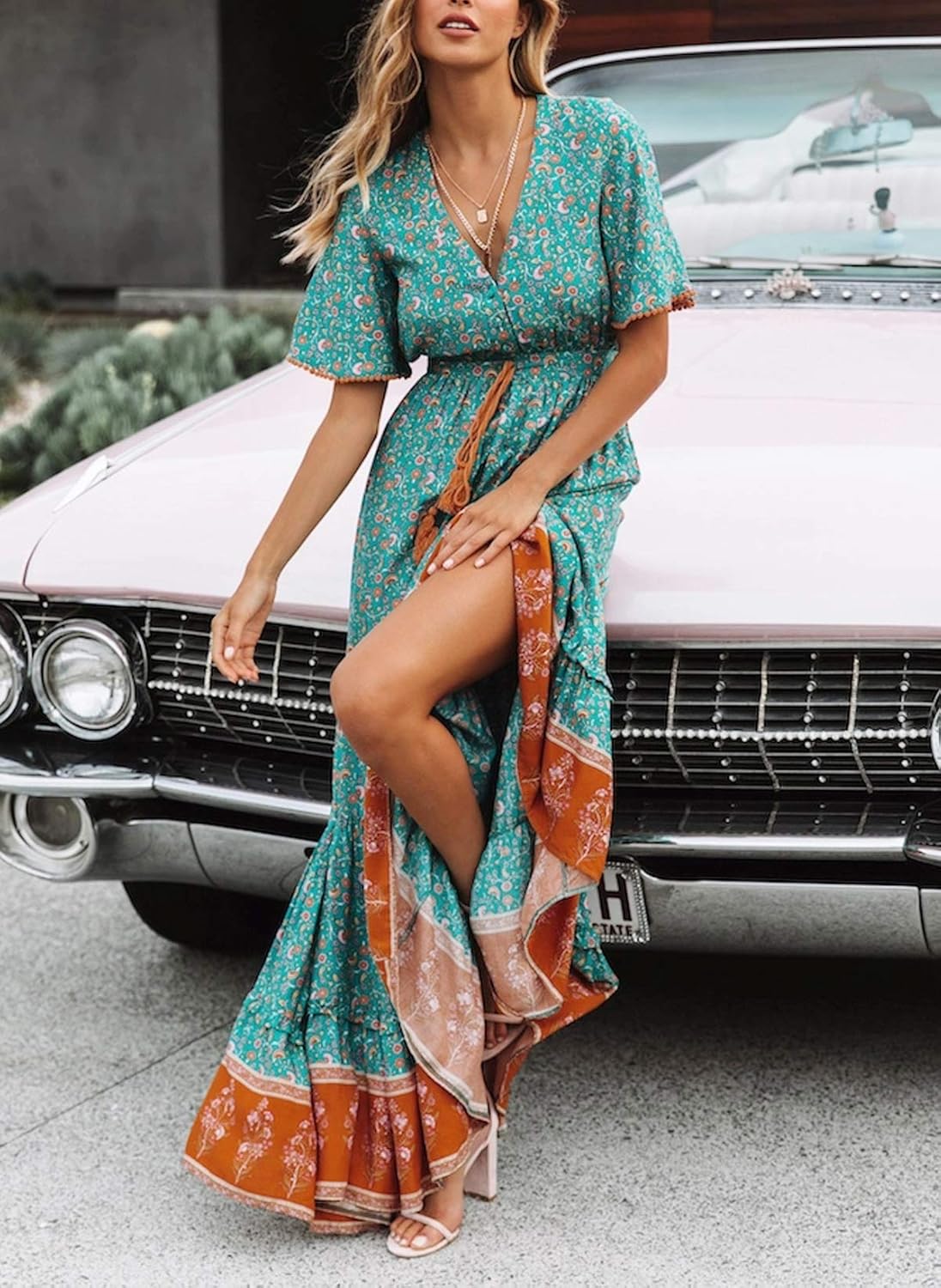Elisa Robe Femme Maxi Bohème – Col en V Boutons, Robe Florale d'Été Élégante
