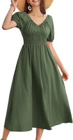 Chiara Vestido Mujer Maxi Algodón – Escote en V, Mangas Abullonadas, Línea A Elegante