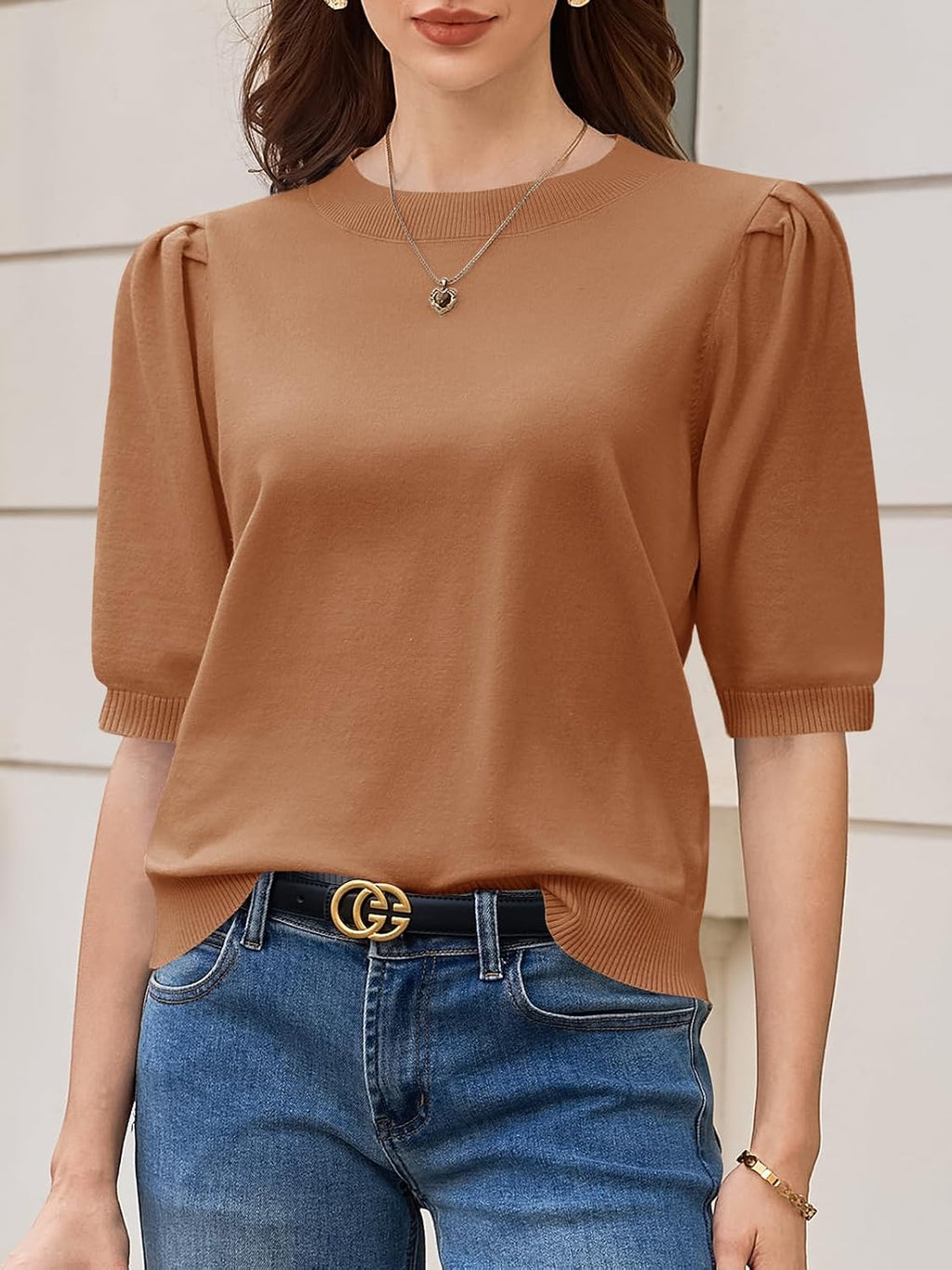 Elisa Pull Femme – Top en Maille avec Manches Bouffantes, Décontracté Élégant