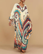 Amina Kaftano Donna Maxi – Imprimé Ethnique, Manches Chauve-Souris, Poches Plage