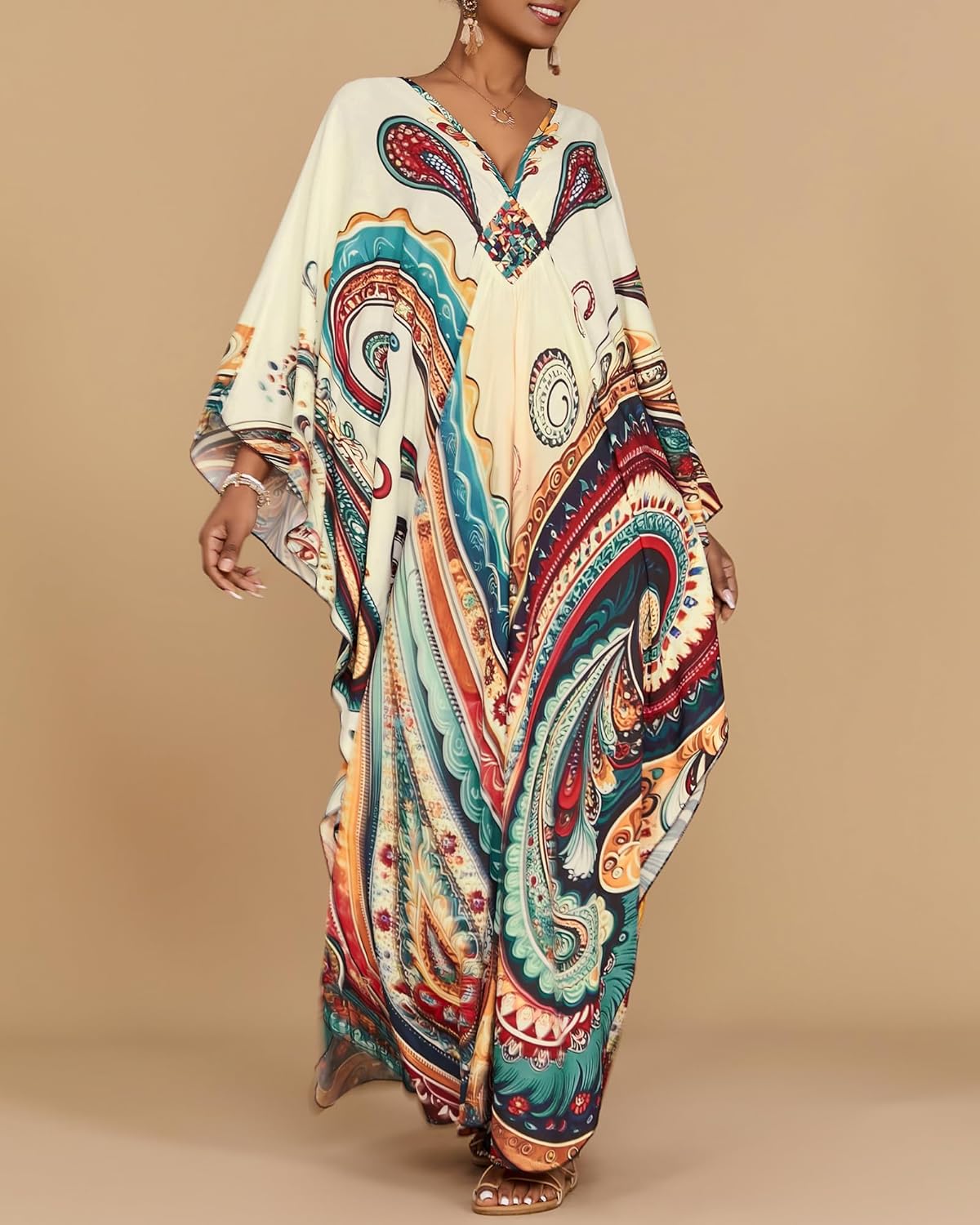 Amina Kaftano Donna Maxi – Estampado Étnico, Mangas Murciélago, Bolsillos para Playa