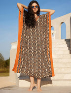Amina Caftano Femme – Robe Longue Bohème, Imprimé Ethnique, Décolleté en V Profond
