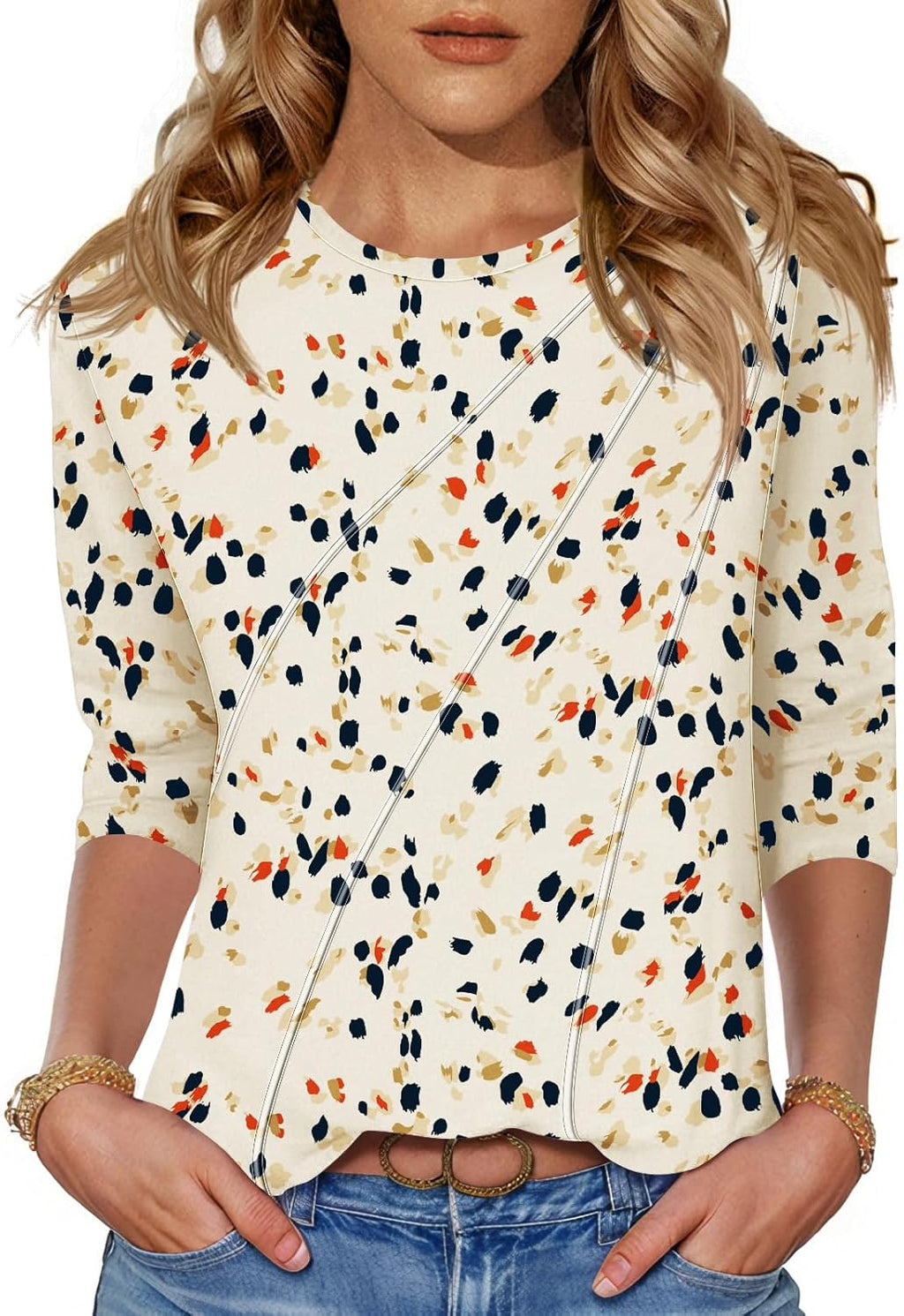 Martina Blouse Femme – Col V, Manches 3/4, Tunique Fleurie Plissée Élégante