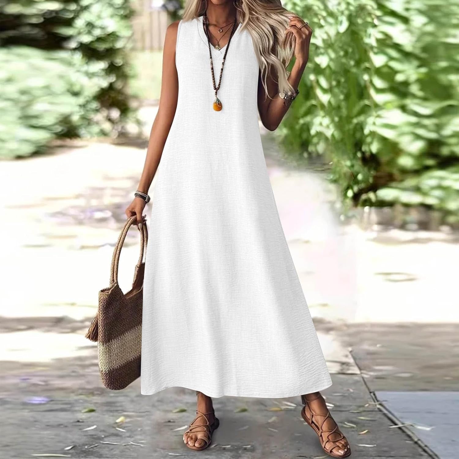 Marta Robe Femme – Robe Longue en Lin, Col V, Poches, Décontractée d'Été