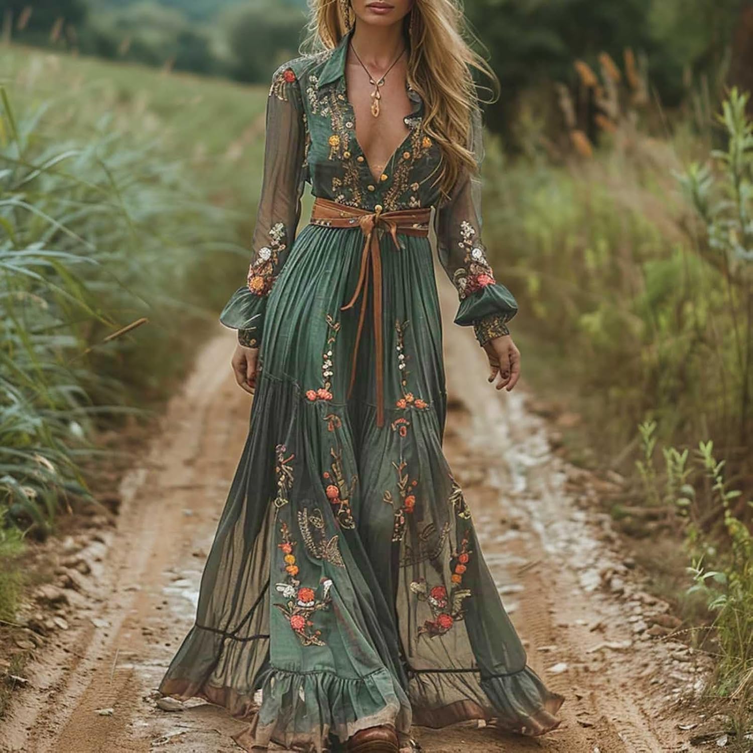Mirabella Robe Femme – Robe Longue Florale, Col V, Taille Haute, Élégante d'Été