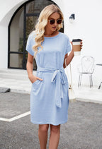 Maxima Robe Femme T-shirt Rayé – Manches Courtes, Ceinture à la Taille, Poches Décontractées