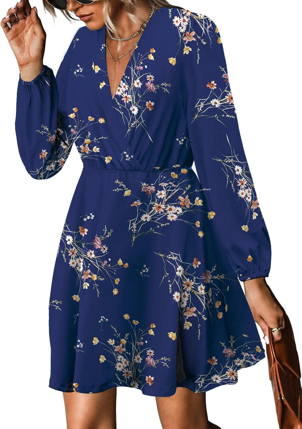 Robe Femme Sofia Florale – Col V Croisé, Manches Longues, Ligne A Élégante