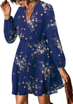 Robe Femme Sofia Florale – Col V Croisé, Manches Longues, Ligne A Élégante