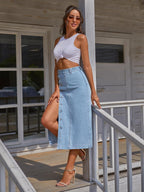 Caramia Jupe Midi Femme en Denim – Jupe Jeans Taille Haute avec Boutons Frontaux