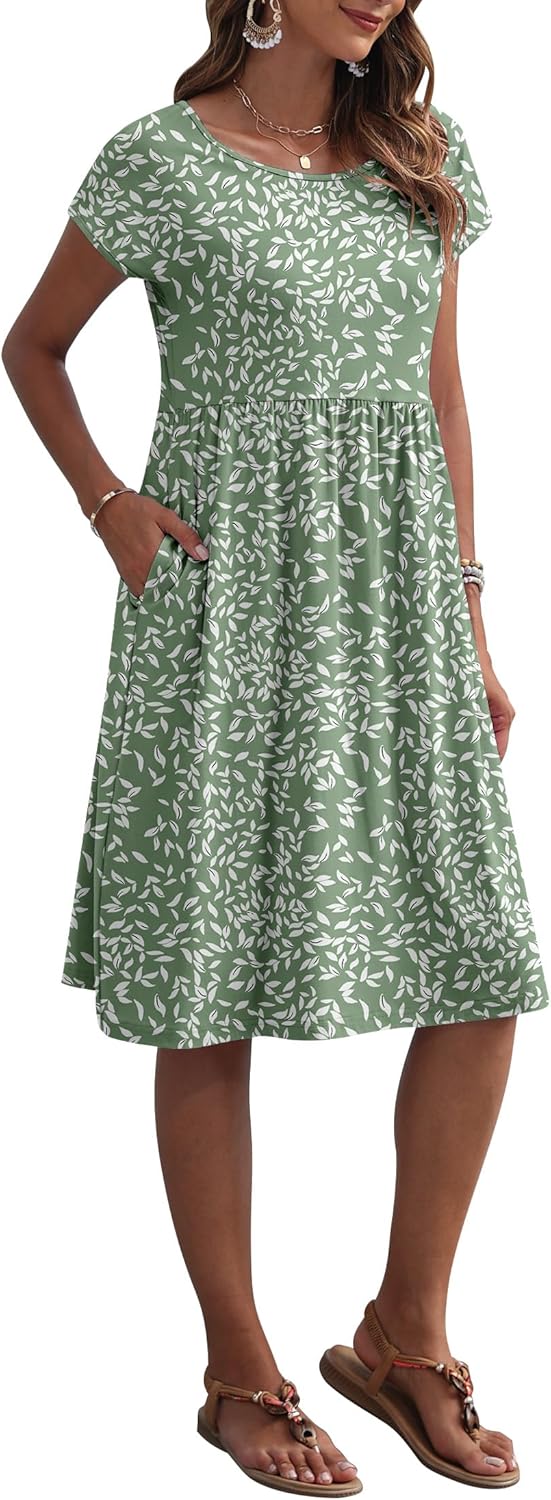 Mercedes Robe Femme Midi Décontractée – Manches Courtes, Col Rond, Poches, Coupe Évasée Estivale