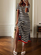 Chiara Robe Femme Maxi – Rayures, Fente Latérale, Manches Courtes, Décontracté Estival