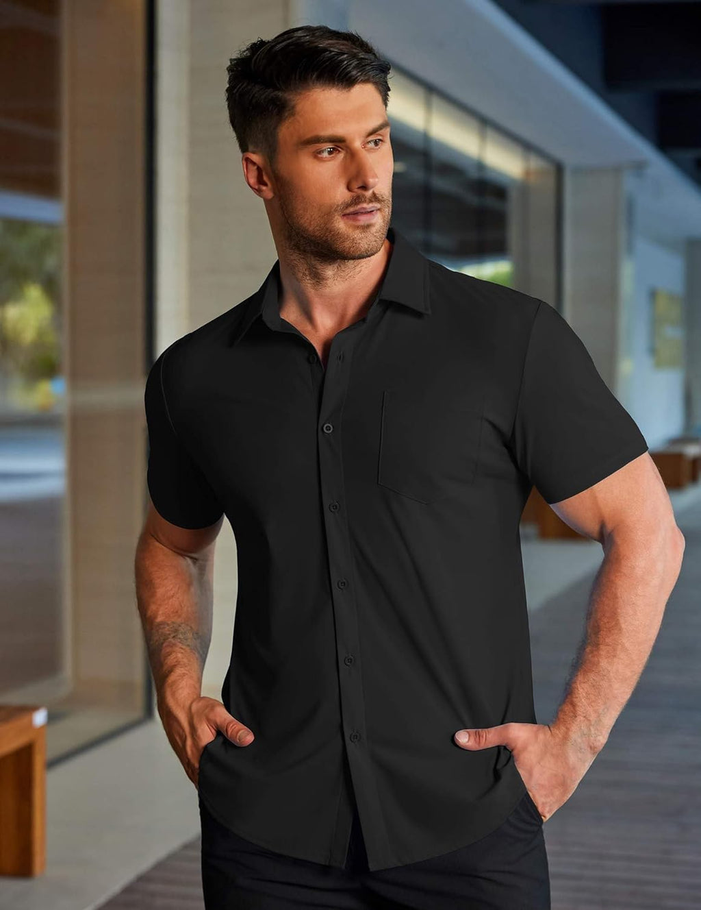 Chemise élastique pour homme Marco – Chemise business décontractée sans repassage à manches courtes