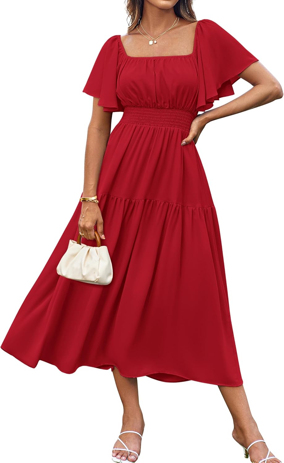 Vestido largo de gasa para mujer Sofia – Escote cuadrado/hombros descubiertos, línea A elegante