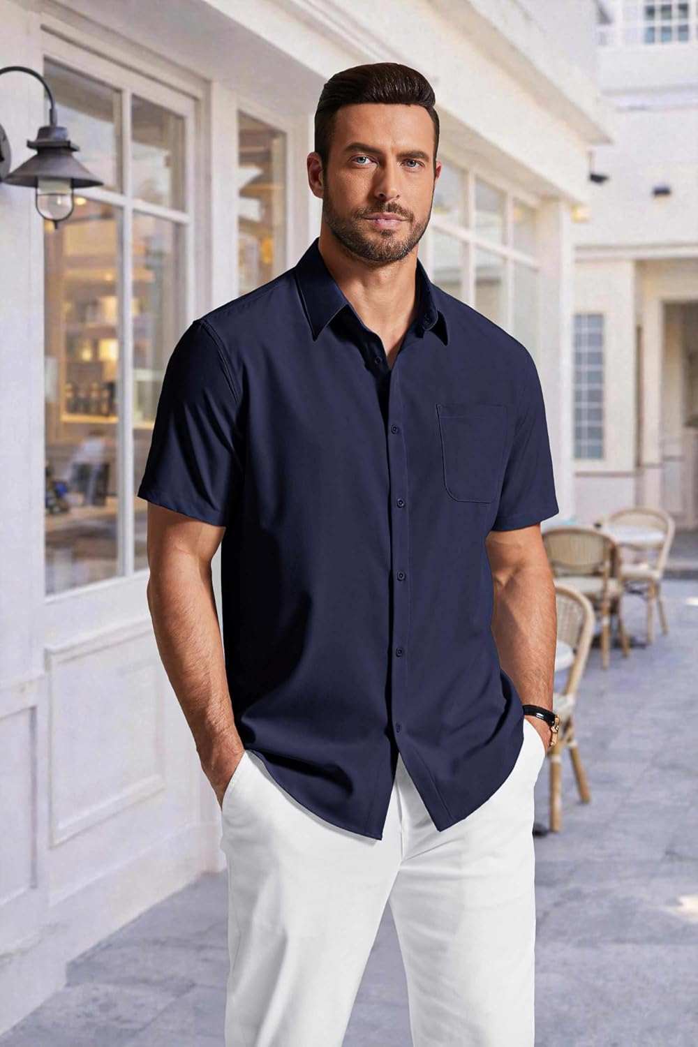 Camisa de hombre Andrew sin planchar – Camisa casual elegante de manga corta con bolsillo