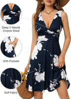 Marriane Robe Femme Florale – Col en V Profond, Sans Manches, Poches Été