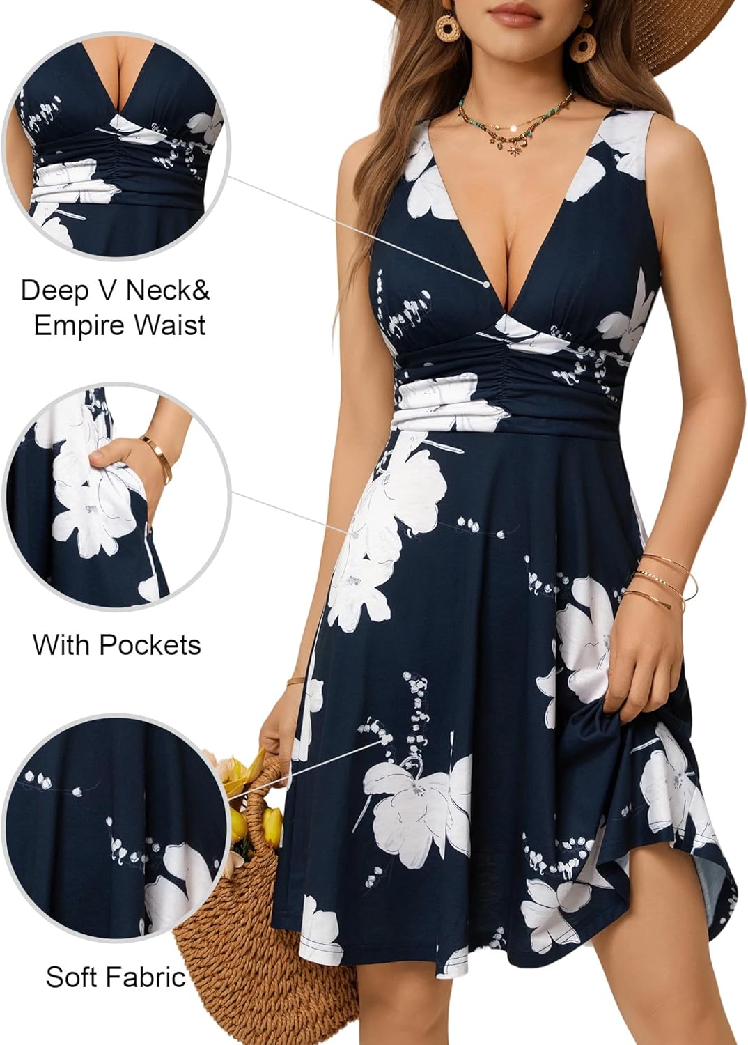 Marriane Robe Femme Florale – Col en V Profond, Sans Manches, Poches Été