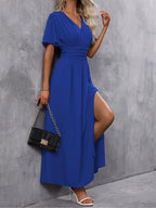Elena Vestido Elegante para Mujer – Vestido Maxi Plisado con Escote en V y Aberturas