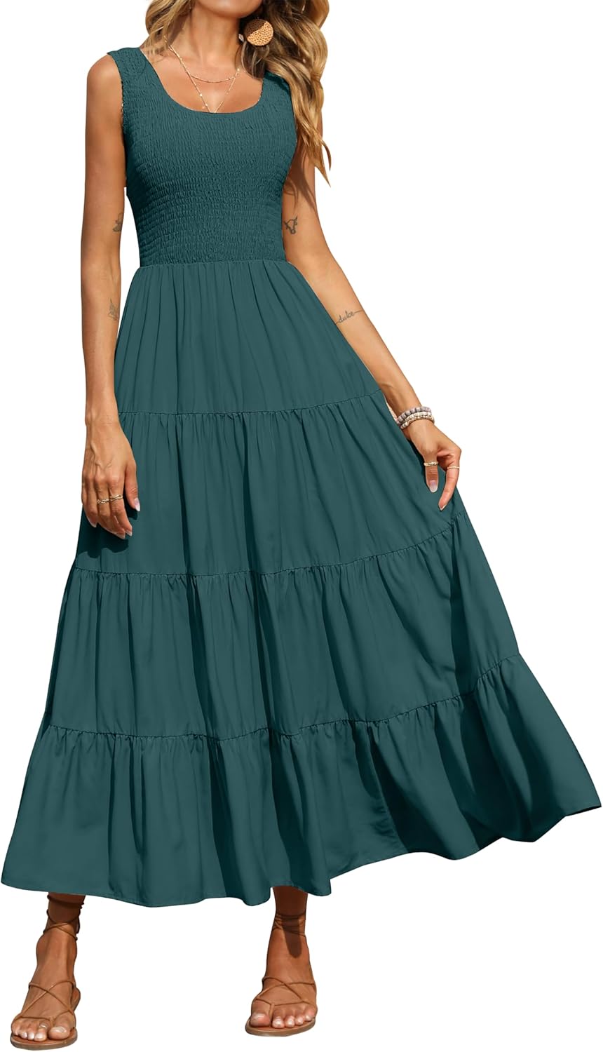 Sophie Robe Maxi Boho pour Femme – Robe Longue d'Été Smock Élégante Sans Manches