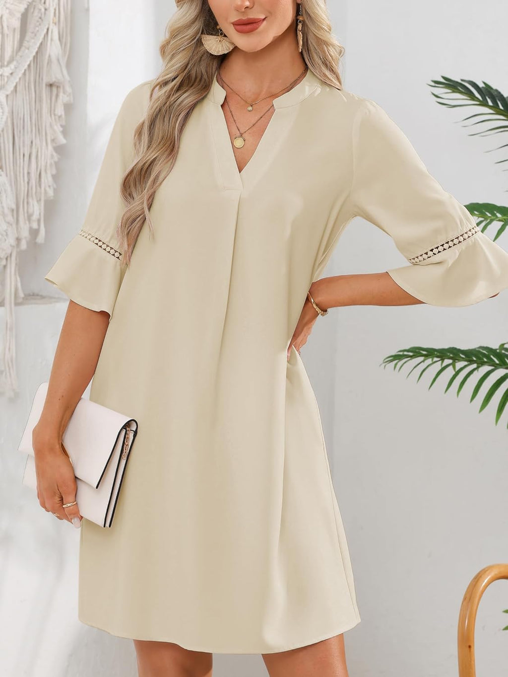 Sydney Vestido Mujer – Vestido Corto Escote en V, Mangas Campana, Bolsillos Casual